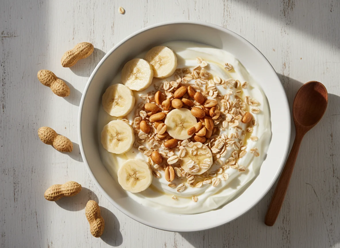Yogurt with Peanuts, Banana, and Oats photo