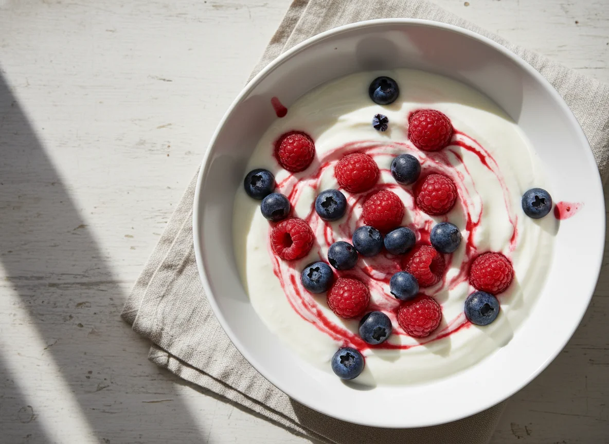 Yogurt with Raspberries and Blueberries photo