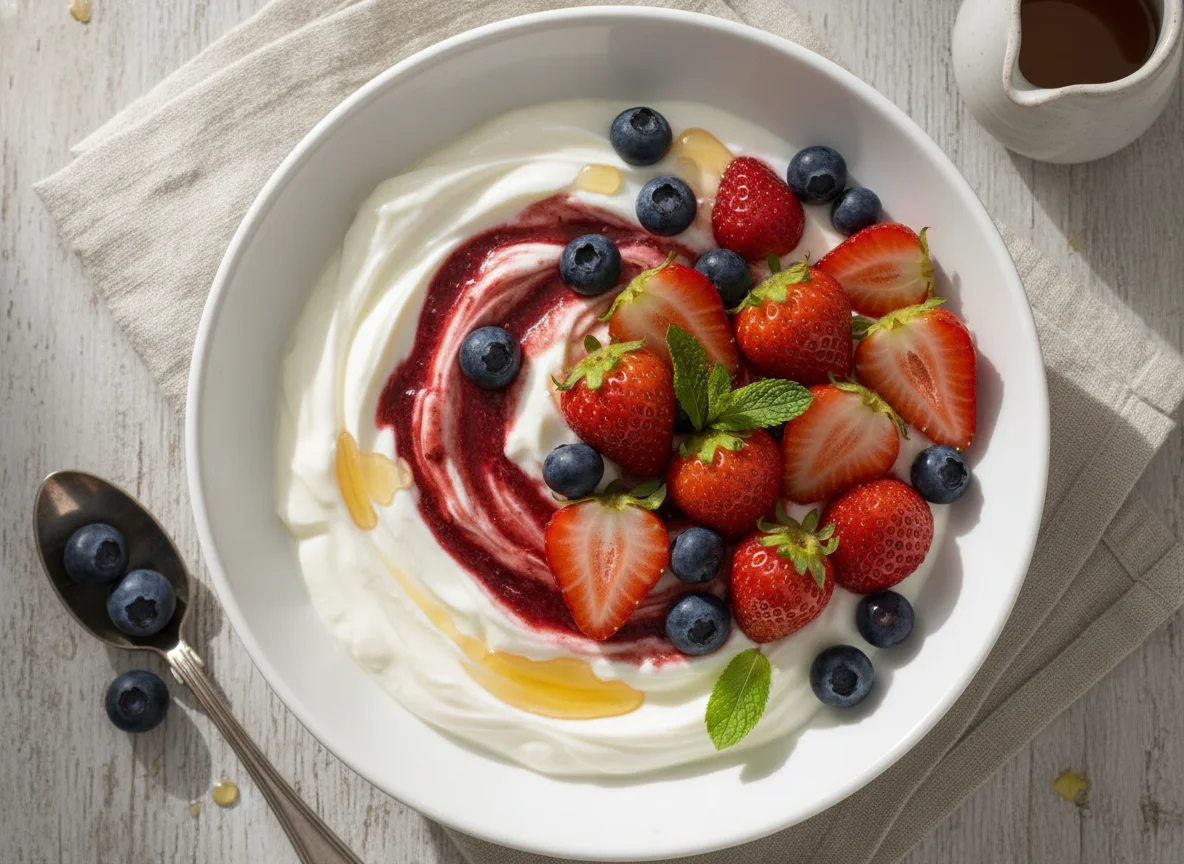 Yogurt with Strawberries and Blueberries photo