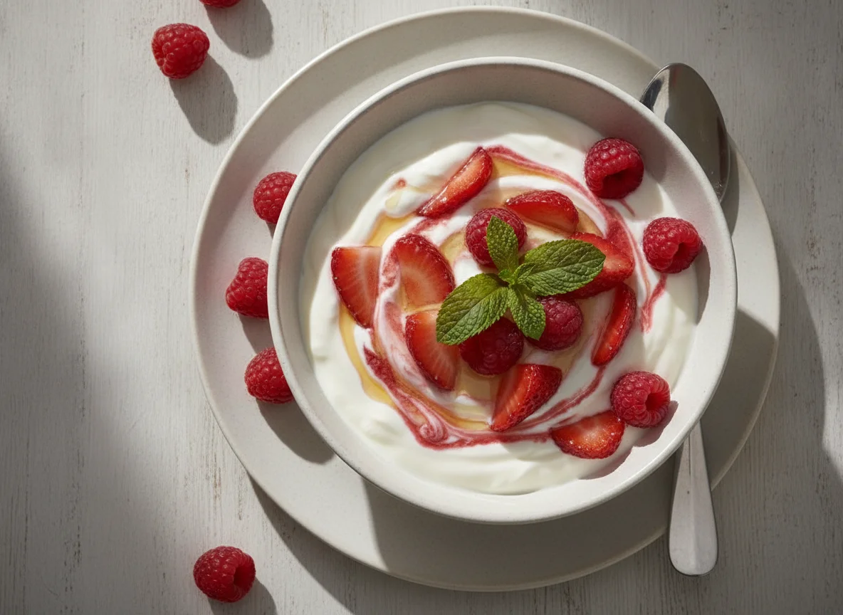 Yogurt with Strawberries and Raspberries photo