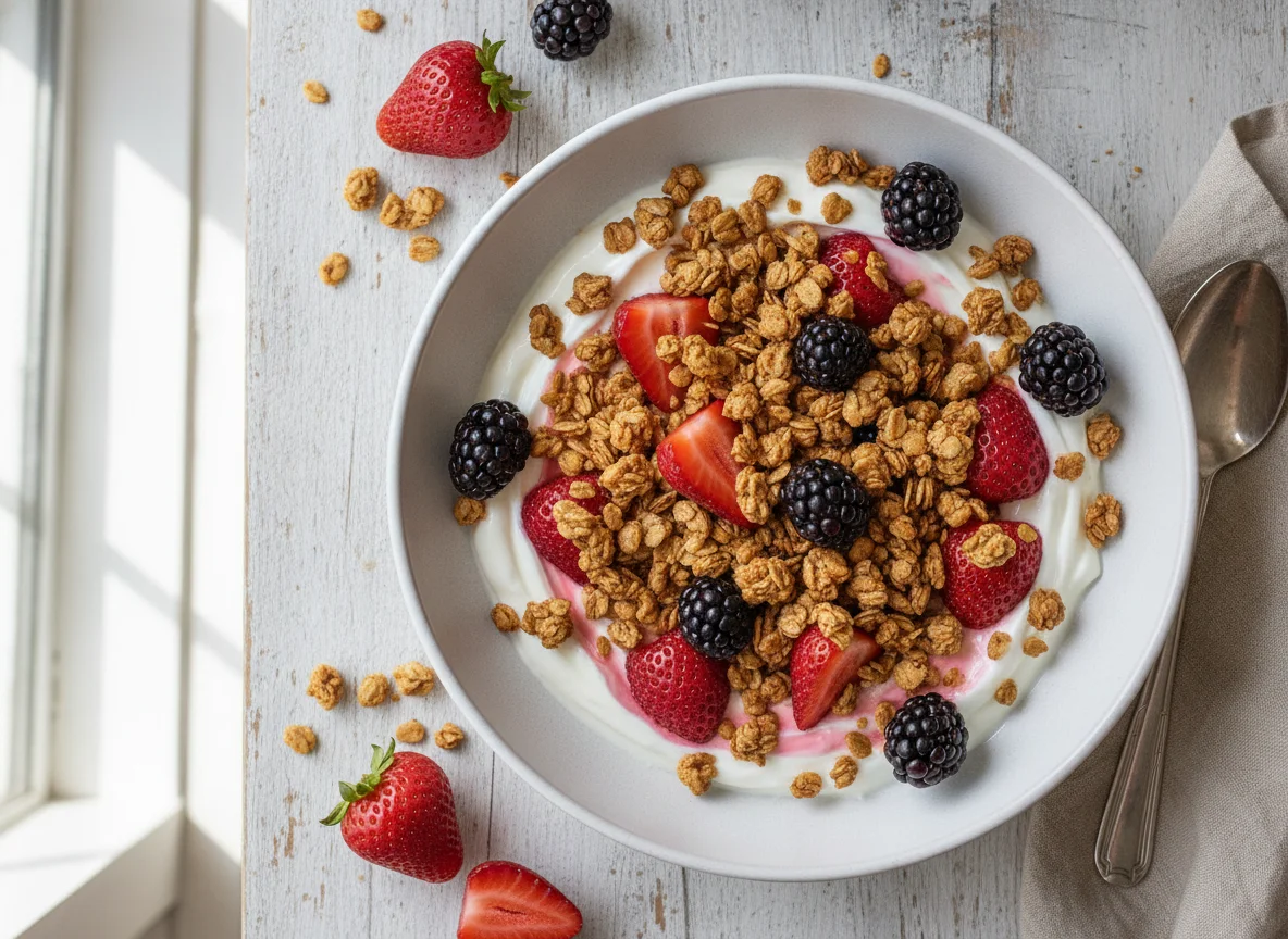 Yogurt with Strawberries, Blackberries, and Granola photo
