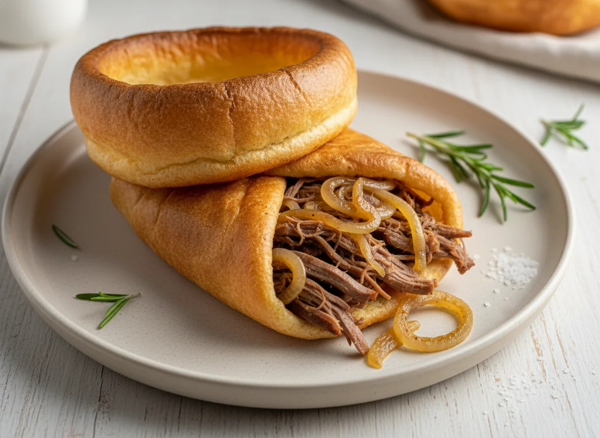 Yorkshire pudding wrap with beef and onion filling photo
