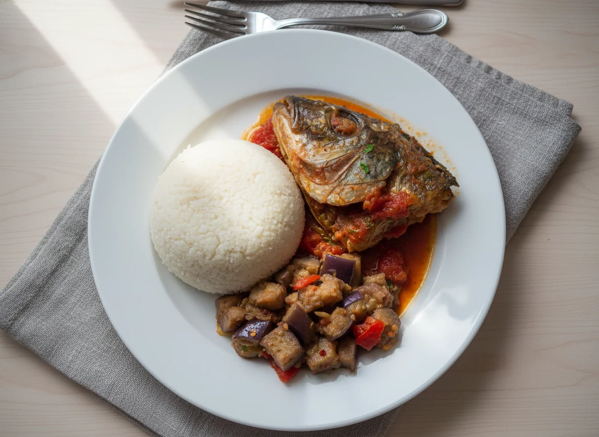 Zambian Fish Head Meal with Nshima and Relish photo