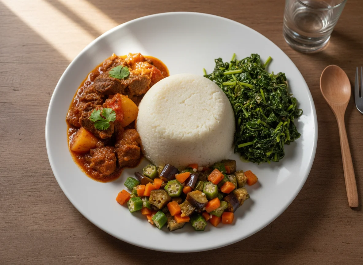 Zambian Nshima meal with stew and vegetables photo