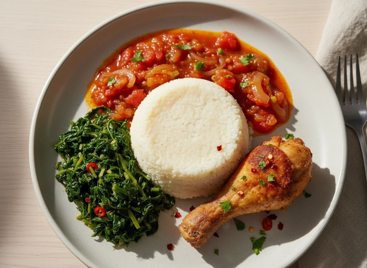 Zambian Nshima with Chicken, Relish, and Sauce photo
