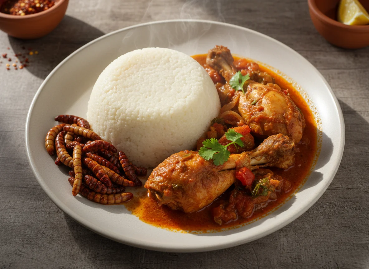 Zambian Nshima with Chicken Stew and Mopane Worms photo