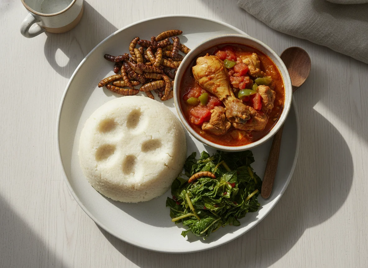 Zambian Nshima with Chicken Stew and Vegetables photo