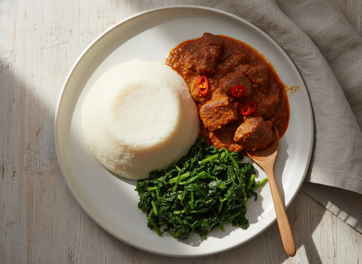 Zambian Nshima with Stew and Greens photo