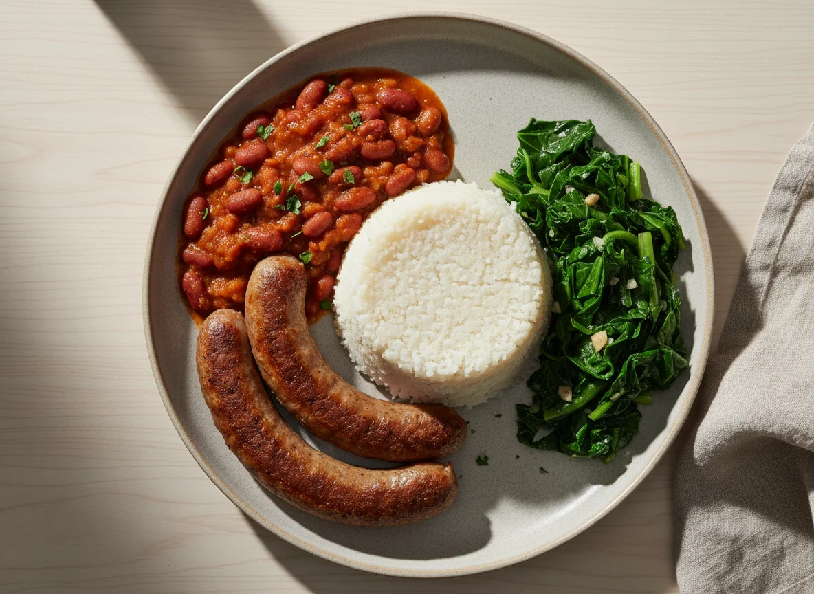 Zambian Sausage, Beans, Greens, and Nshima photo