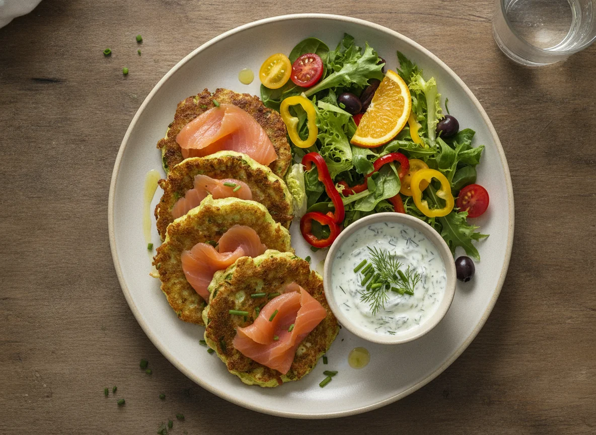 Zucchini fritters with smoked salmon and herb dip photo