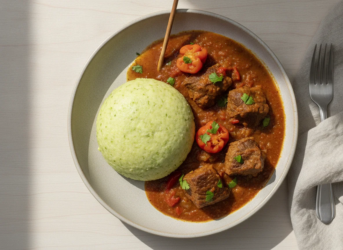 Zucchini fufu with beef stew photo