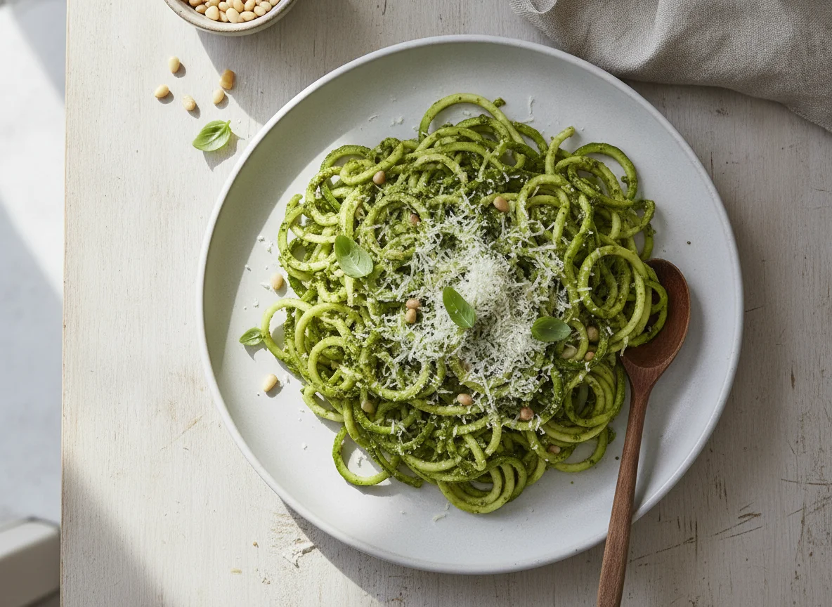 Zucchini noodles with pesto sauce photo