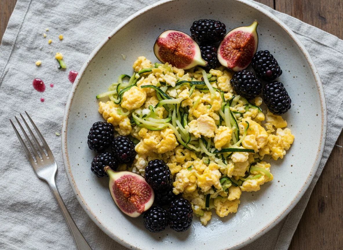 Zucchini Scrambled Eggs with Figs and Blackberries photo
