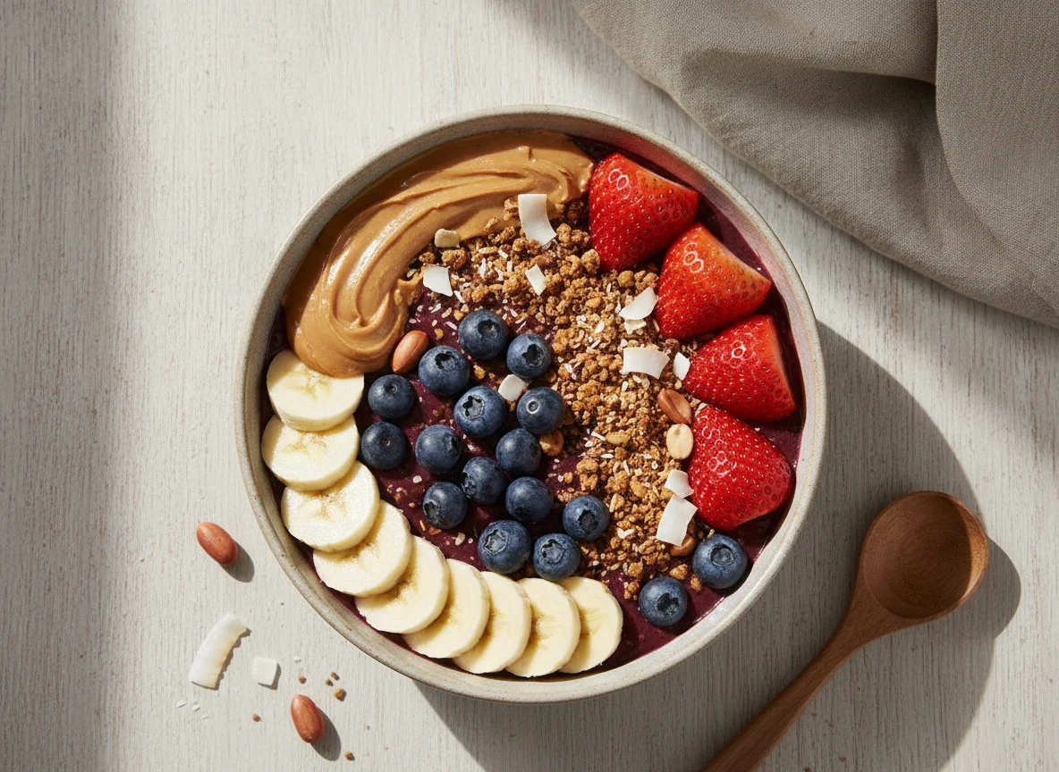 Açaí bowl con frutas y crema de cacahuete photo