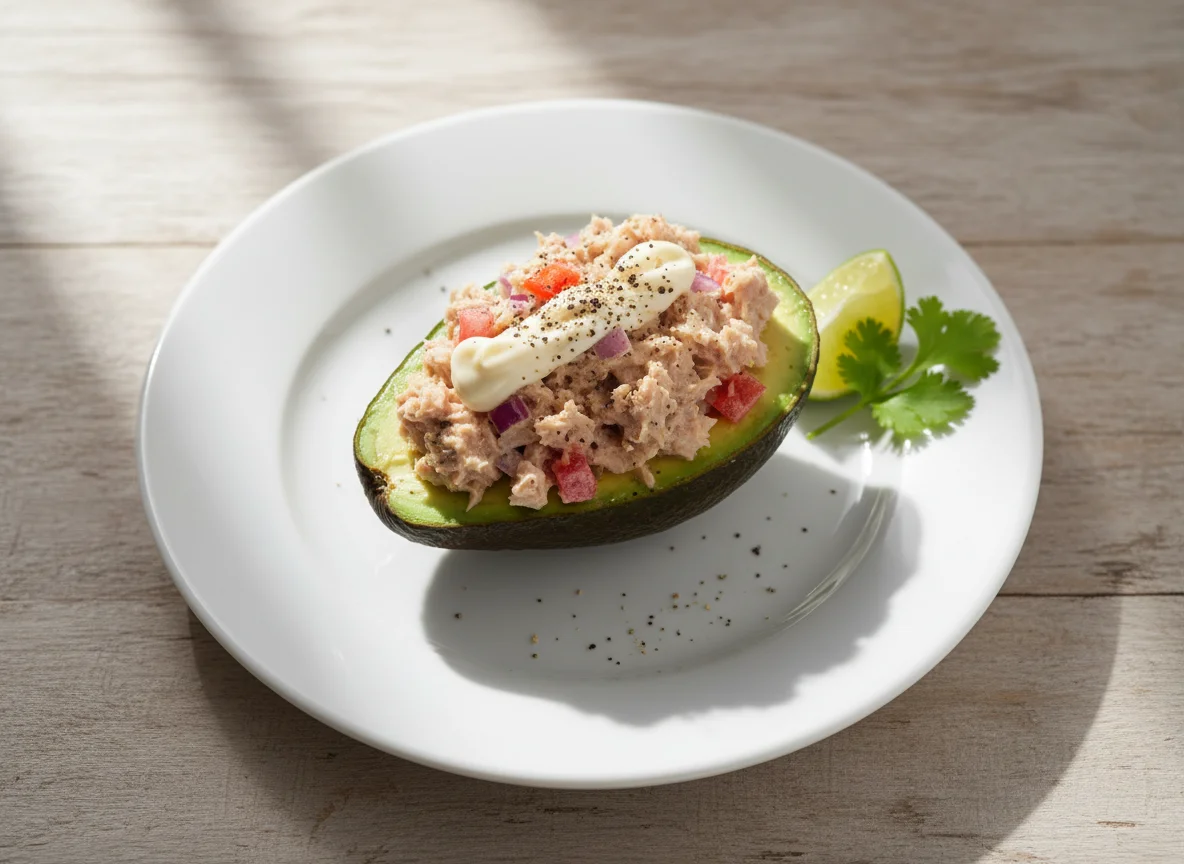 Aguacate relleno de ensalada de atún photo