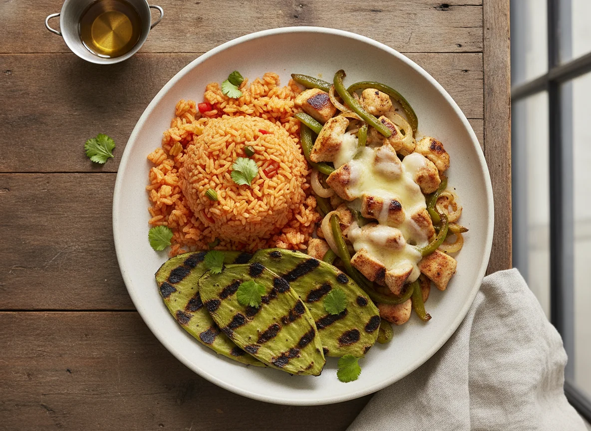 Alambre de pollo con arroz rojo y nopales asados photo