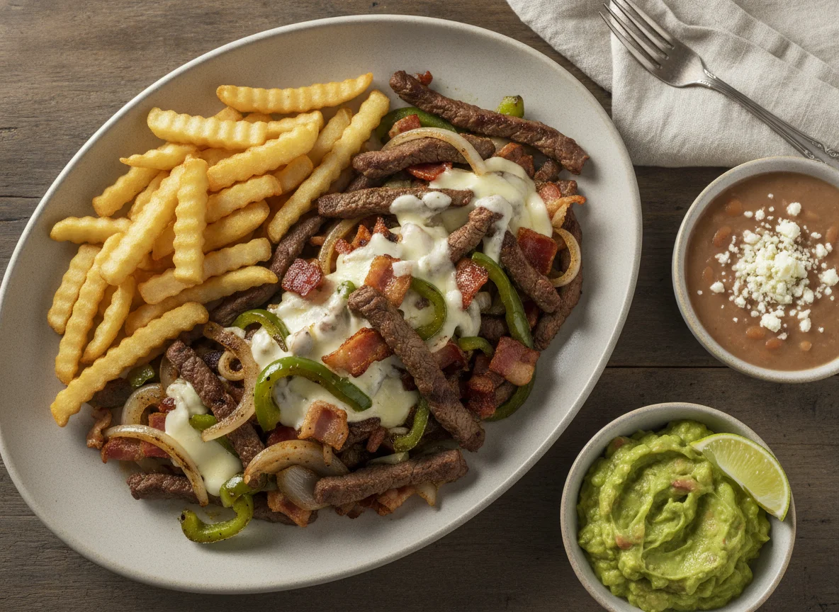 Alambre de res con papas fritas, frijoles y guacamole photo