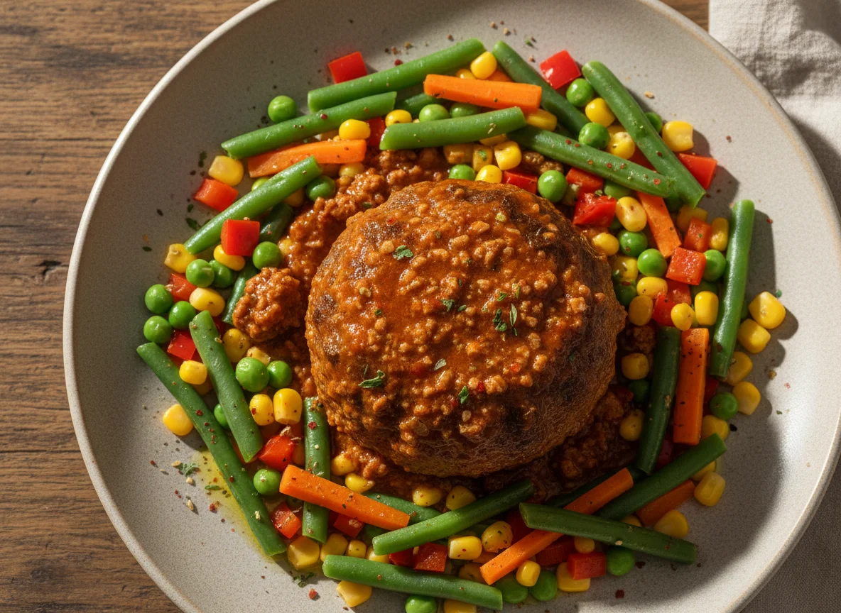 Albóndiga grande con salsa y verduras mixtas photo