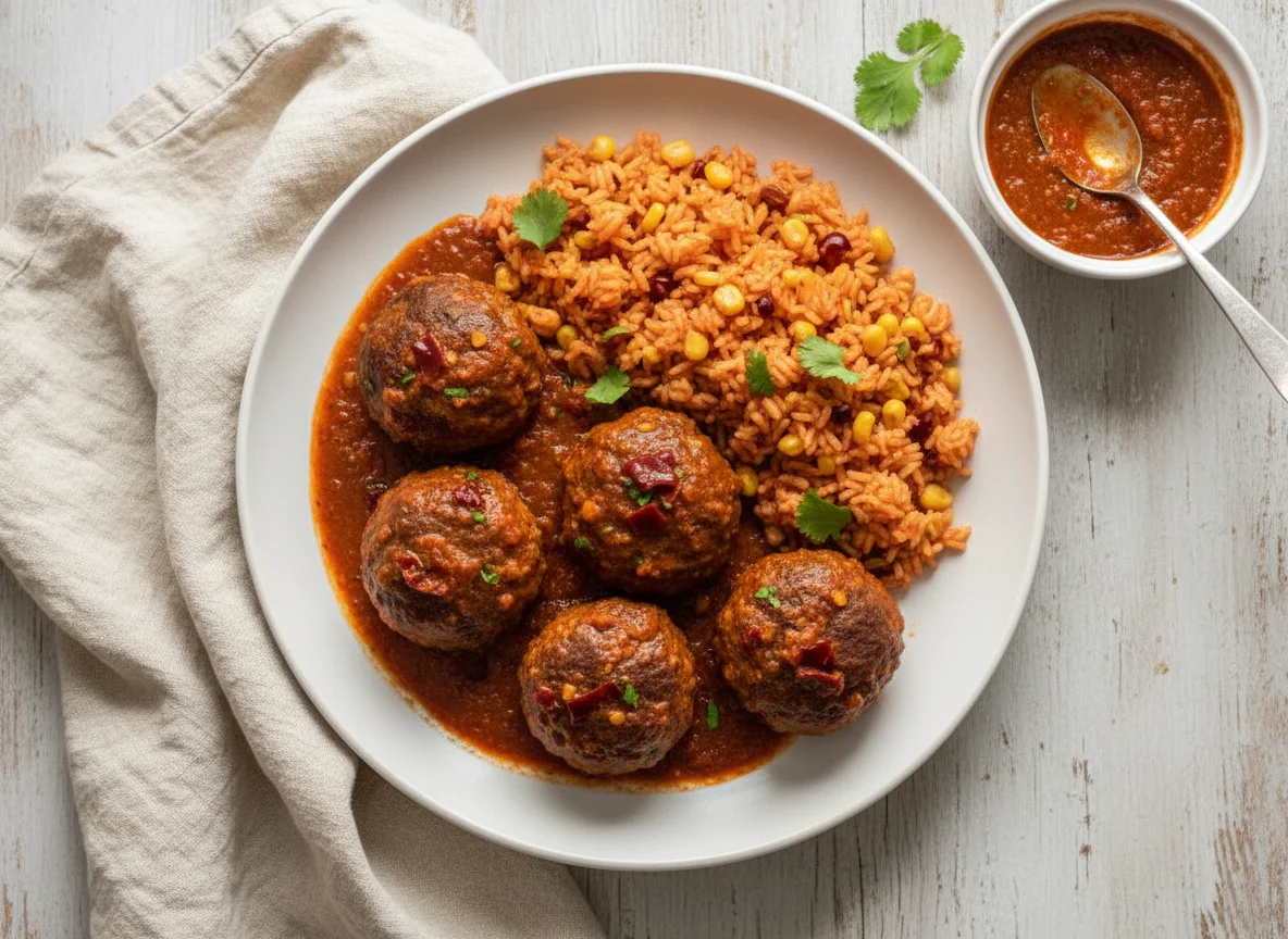 Albóndigas al chipotle con arroz photo