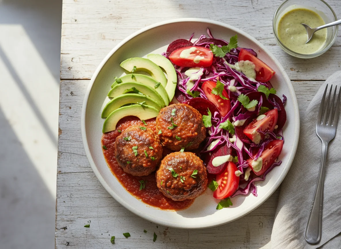 Albóndigas con aguacate y ensalada de remolacha photo