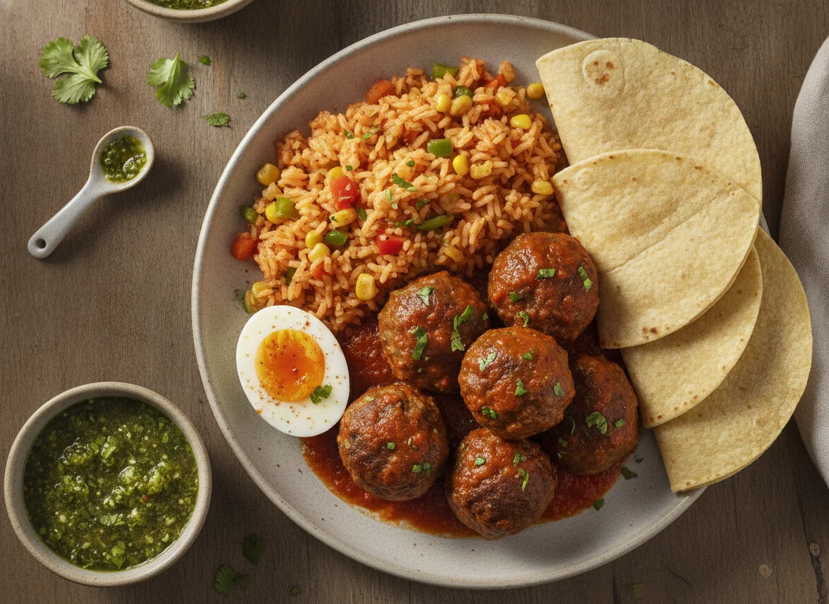Albóndigas con arroz, huevo cocido y tortillas photo