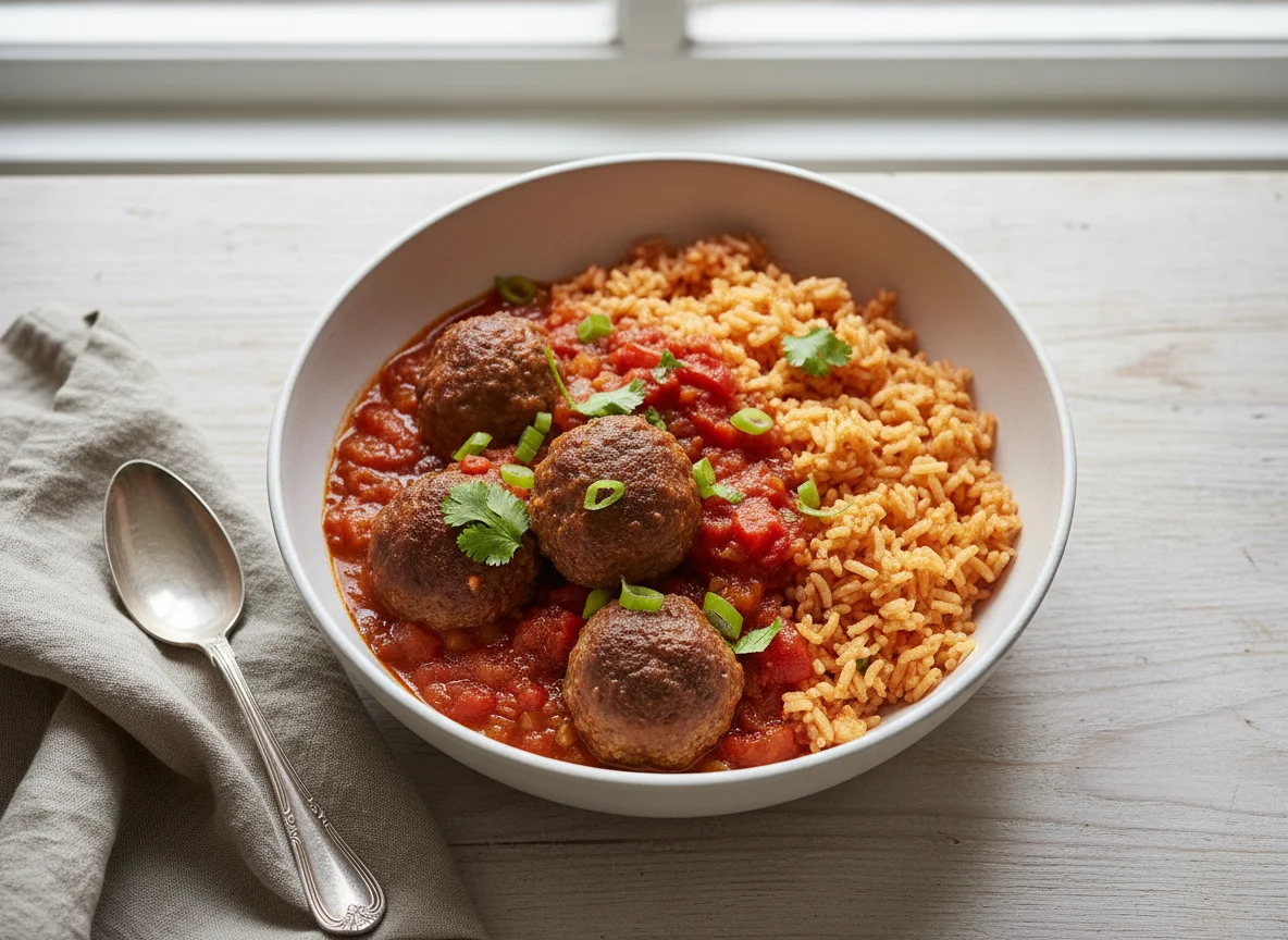 Albóndigas con arroz rojo photo