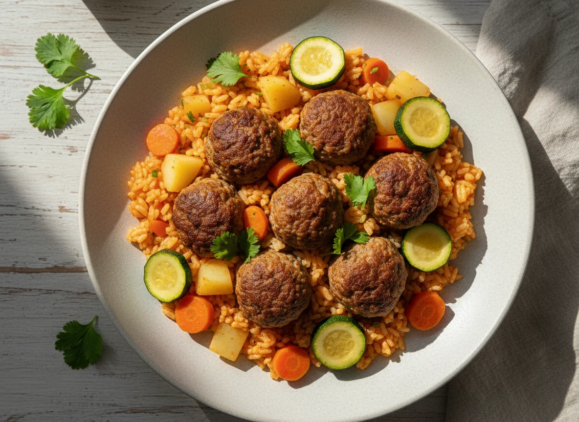Albóndigas con arroz rojo y verduras photo