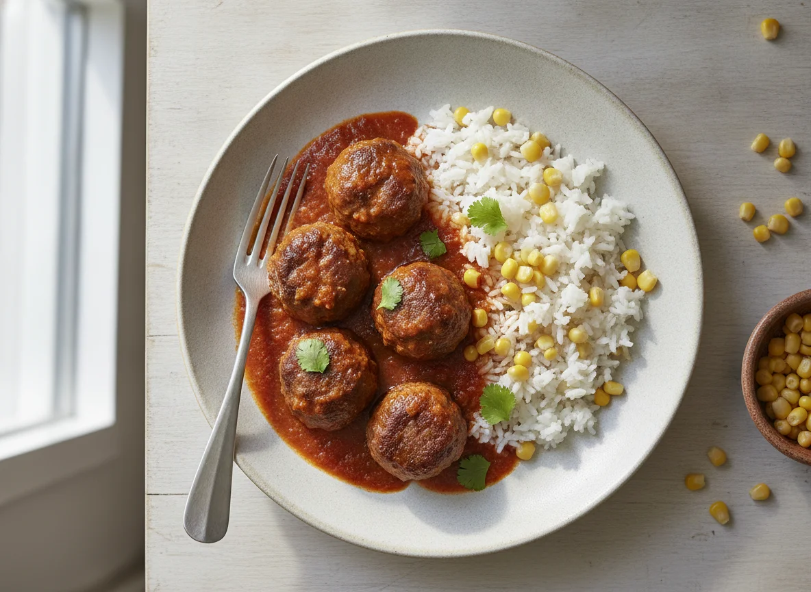 Albóndigas con arroz y elote photo
