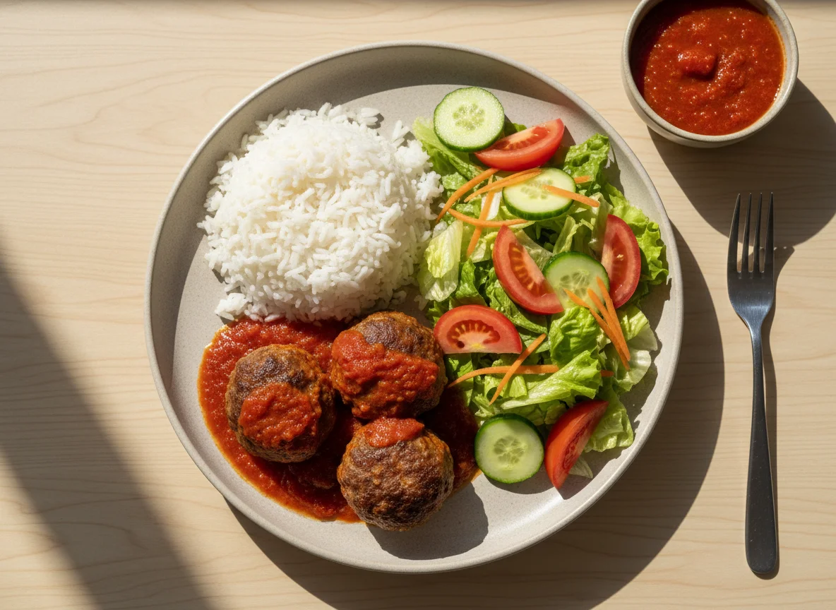 Albóndigas con arroz y ensalada photo