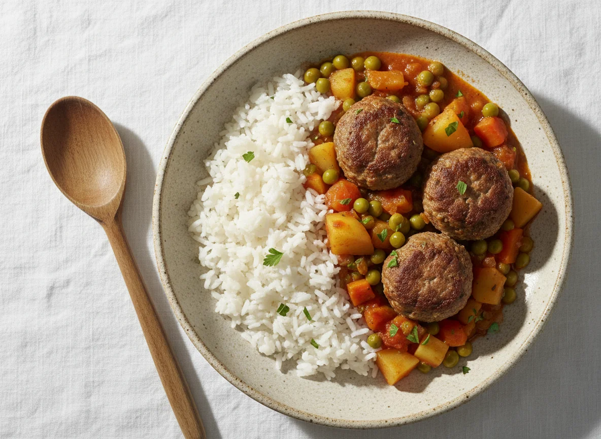 Albóndigas con arroz y guiso de verduras photo