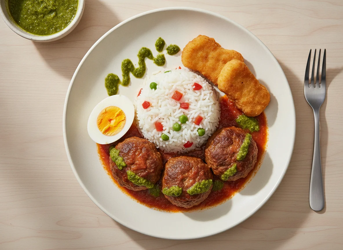 Albóndigas con arroz y huevo photo