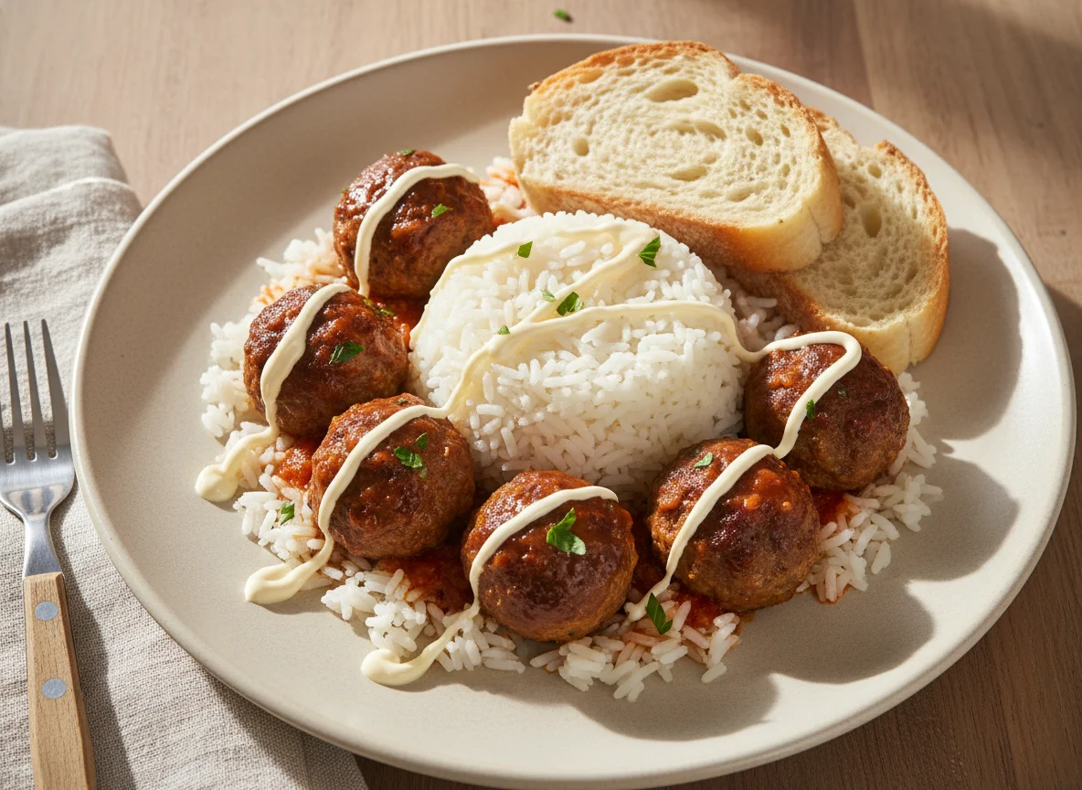 Albóndigas con arroz y mayonesa photo