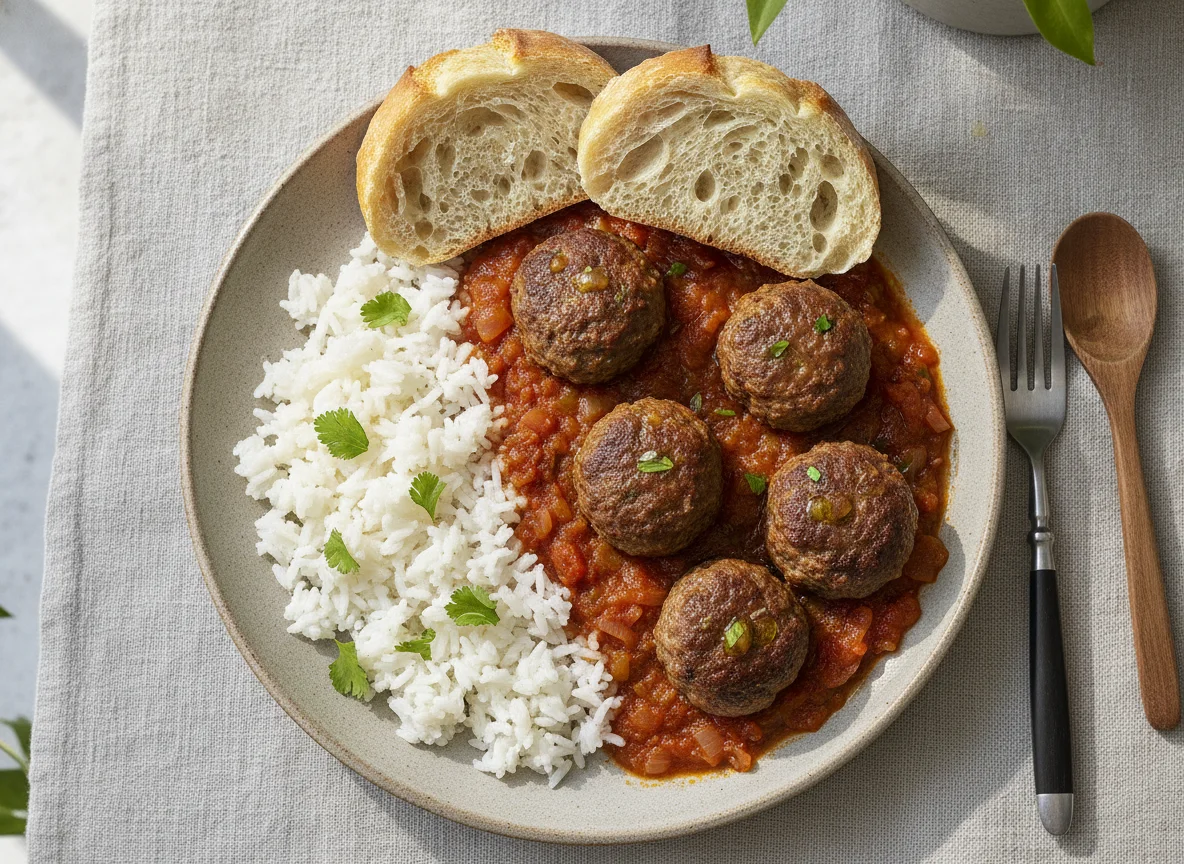 Albóndigas con arroz y pan photo
