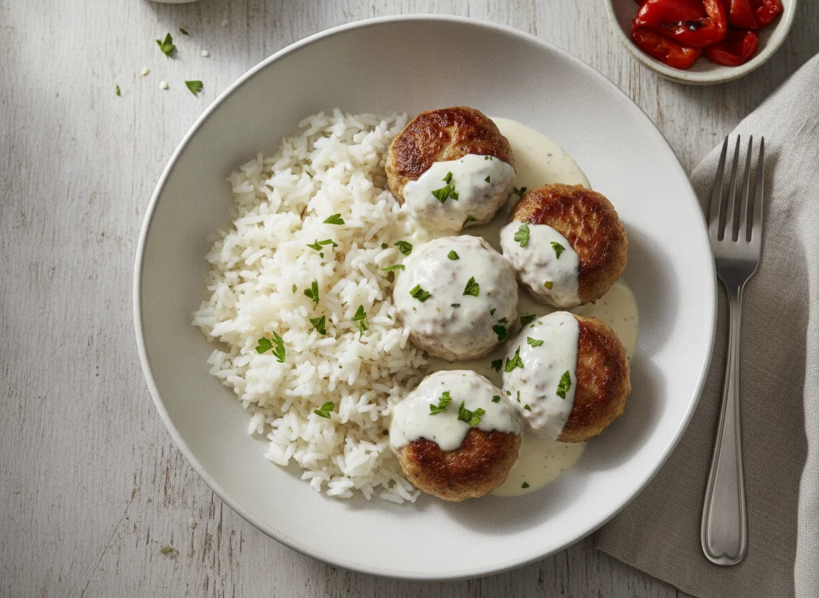 Albóndigas con arroz y salsa photo