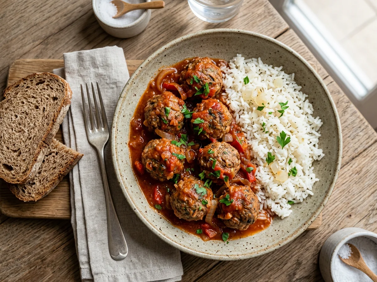 Albóndigas con arroz y salsa de tomate photo