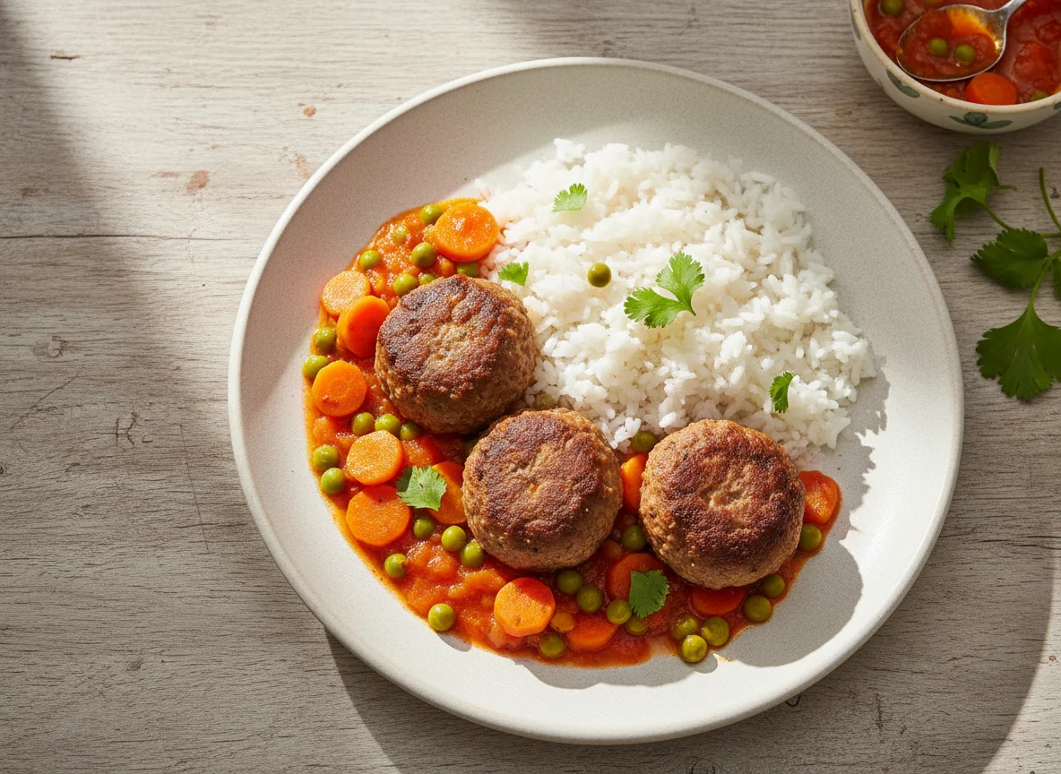 Albóndigas con arroz y salsa de verduras photo