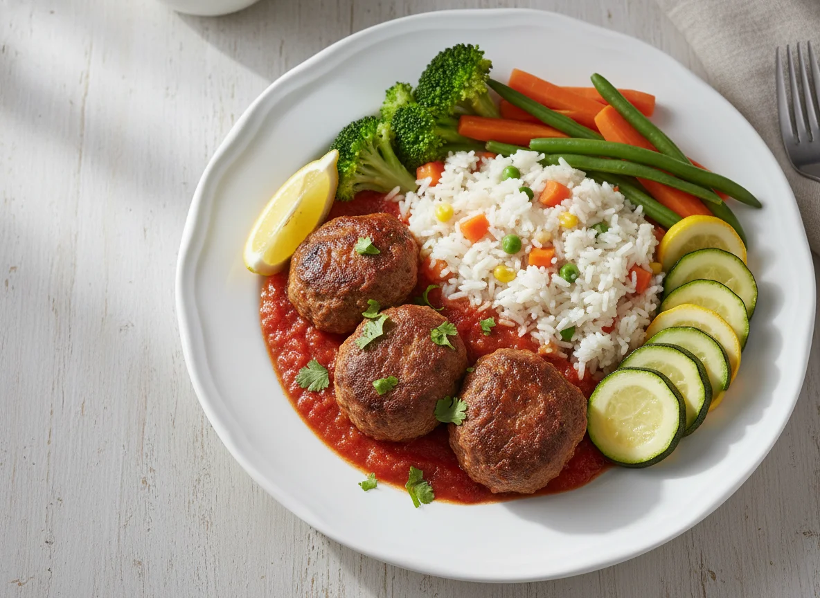 Albóndigas con arroz y vegetales photo