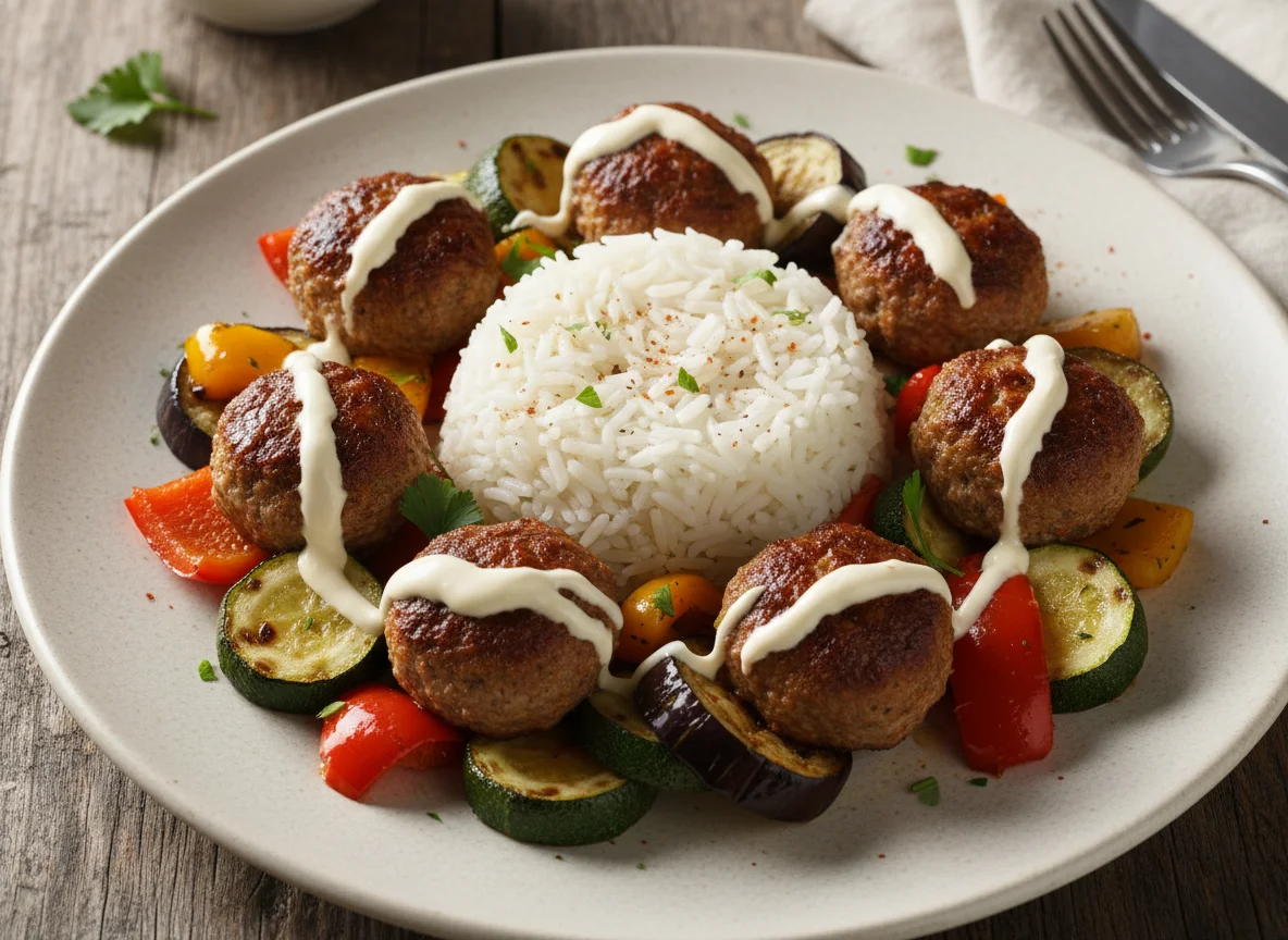 Albóndigas con arroz y verduras asadas photo