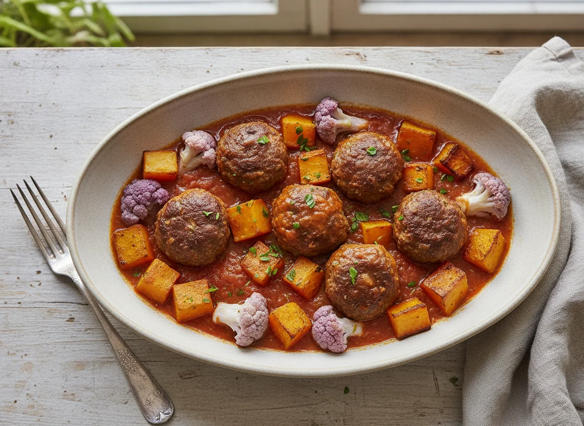 Albóndigas con calabaza y coliflor photo