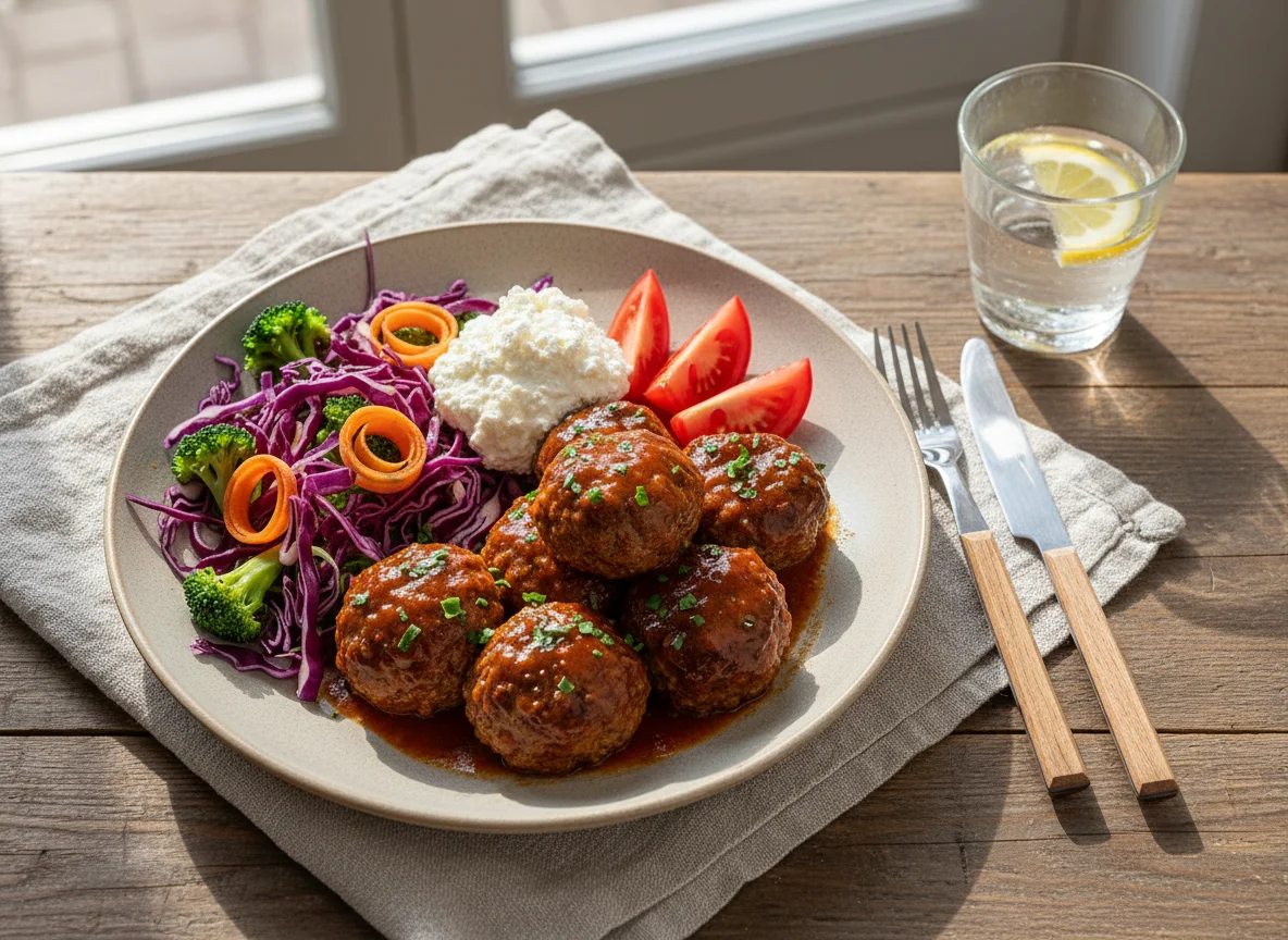 Albóndigas con ensalada de repollo morado y queso cottage photo