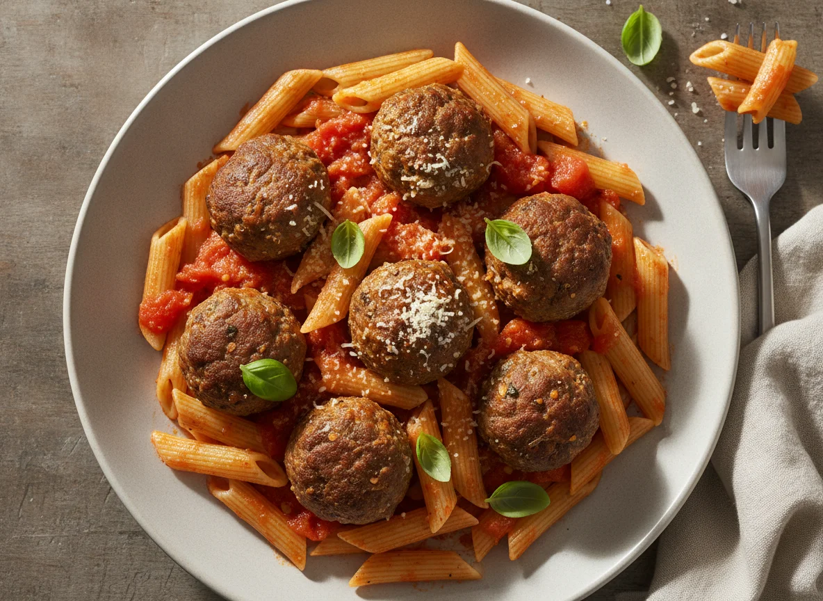 Albóndigas con pasta y salsa de tomate photo