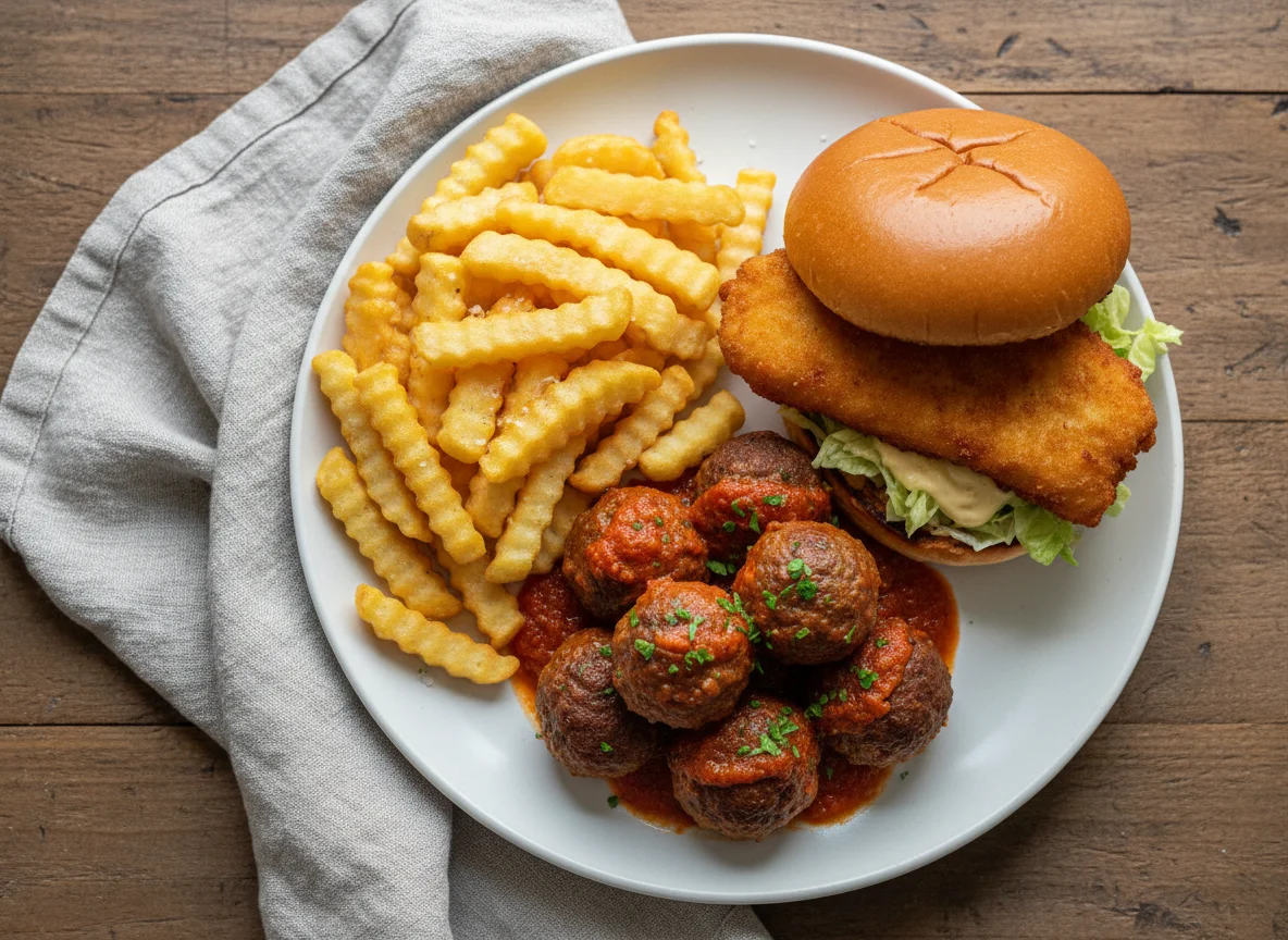 Albóndigas con patatas fritas y sándwich photo