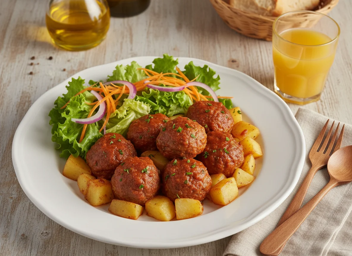 Albóndigas con patatas y ensalada photo