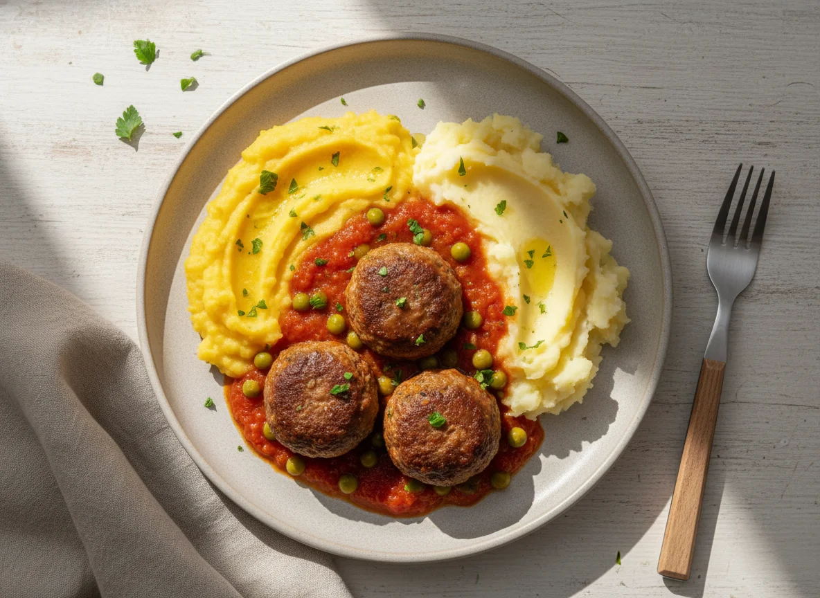 Albóndigas con puré de papa y calabaza photo