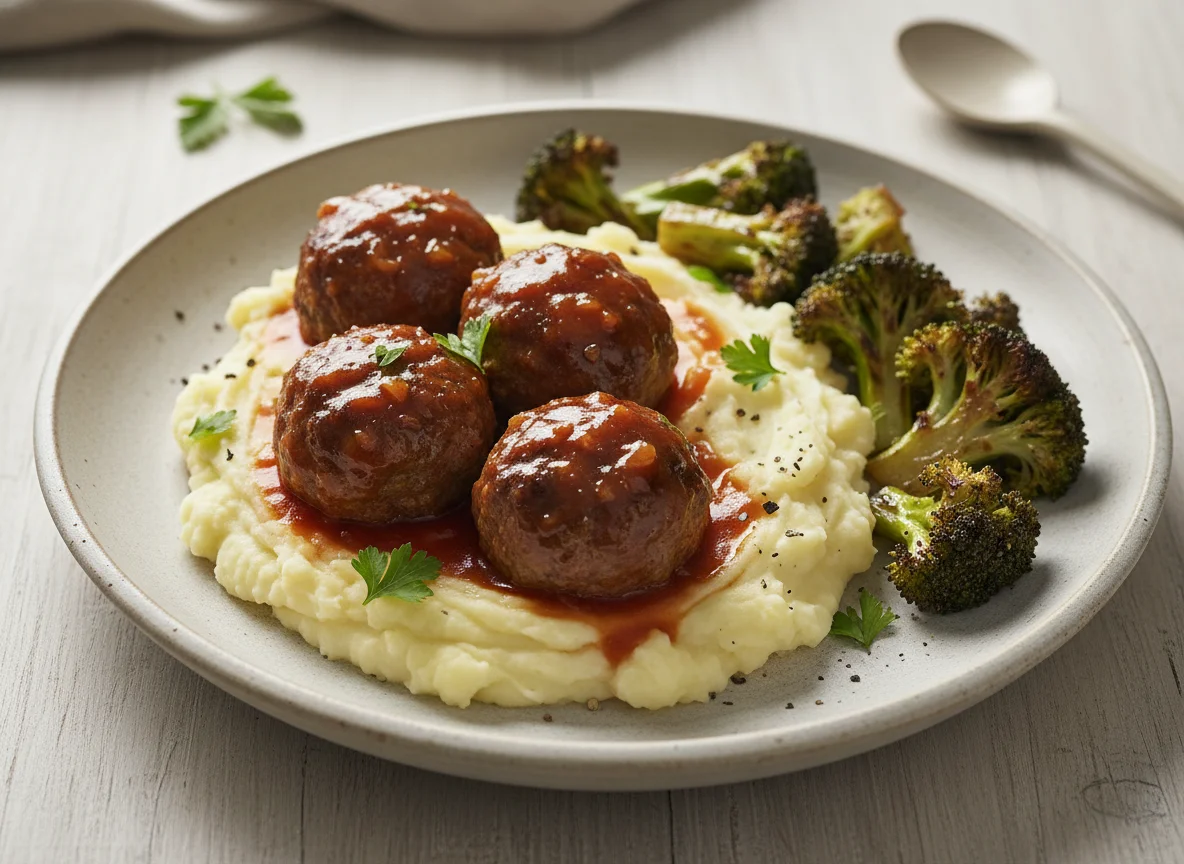 Albóndigas con puré de papas y brócoli photo