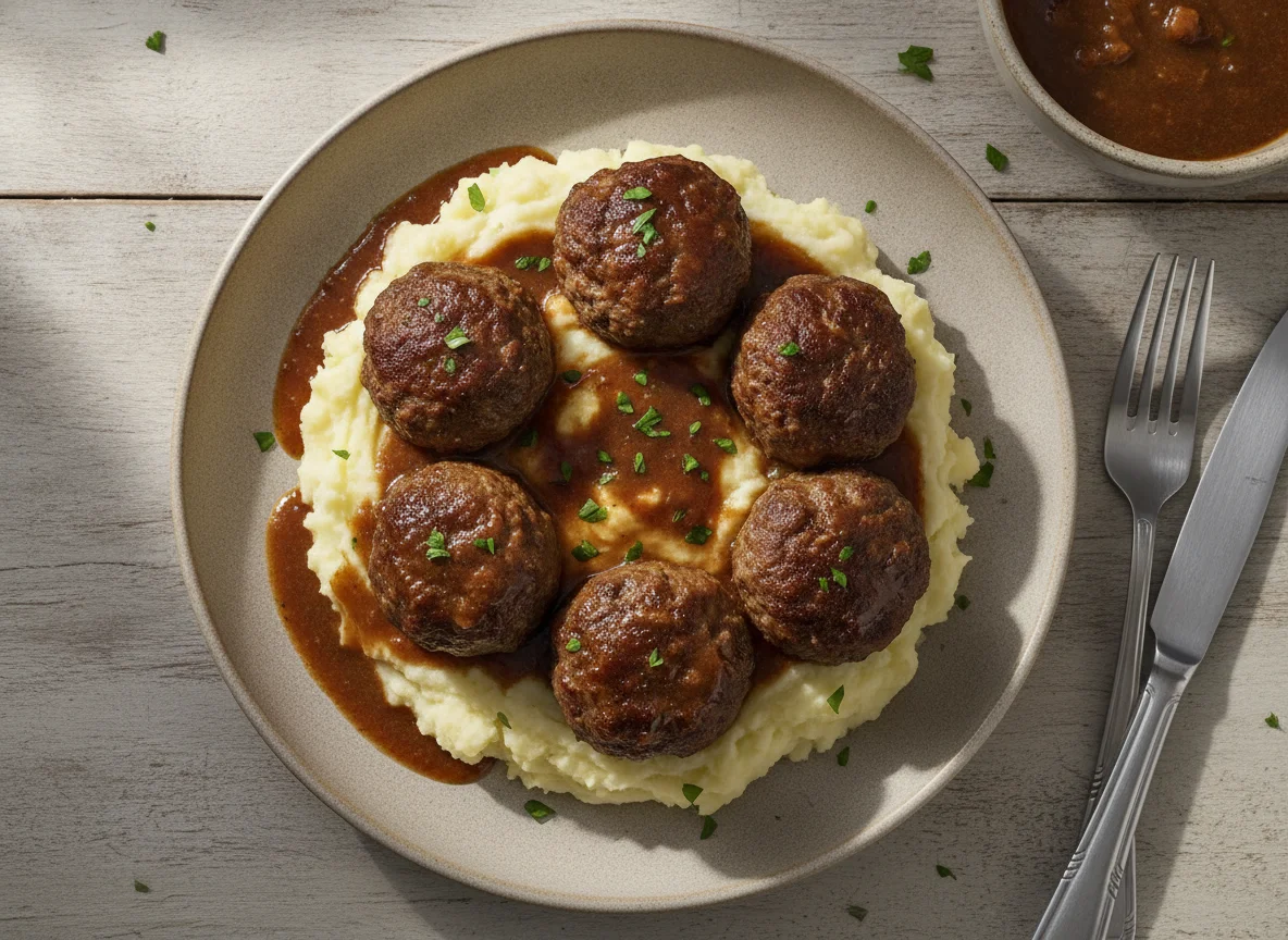 Albóndigas con puré de papas y salsa photo