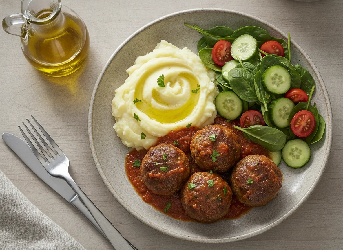 Albóndigas con puré de patatas y ensalada mixta photo