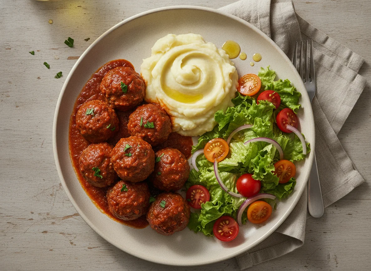 Albóndigas con puré y ensalada photo