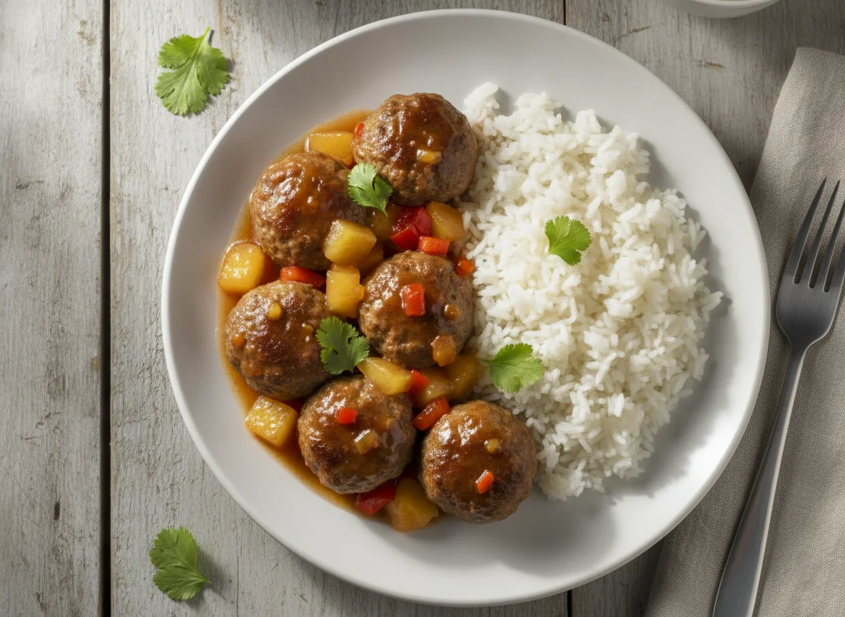 Albóndigas con salsa agridulce y arroz blanco photo