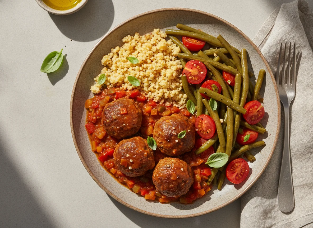 Albóndigas con salsa, cuscús y judías verdes photo